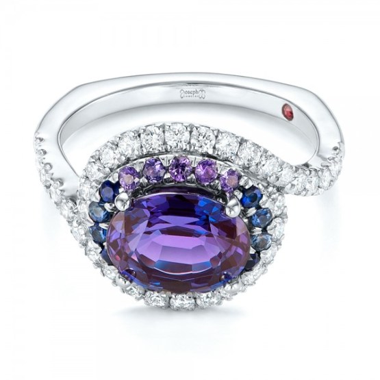 Custom Alexandrite, Blue and Purple Sapphire and Diamond Halo Engagement Ring