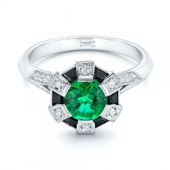 Custom Emerald, Black and White Diamond Engagement Ring