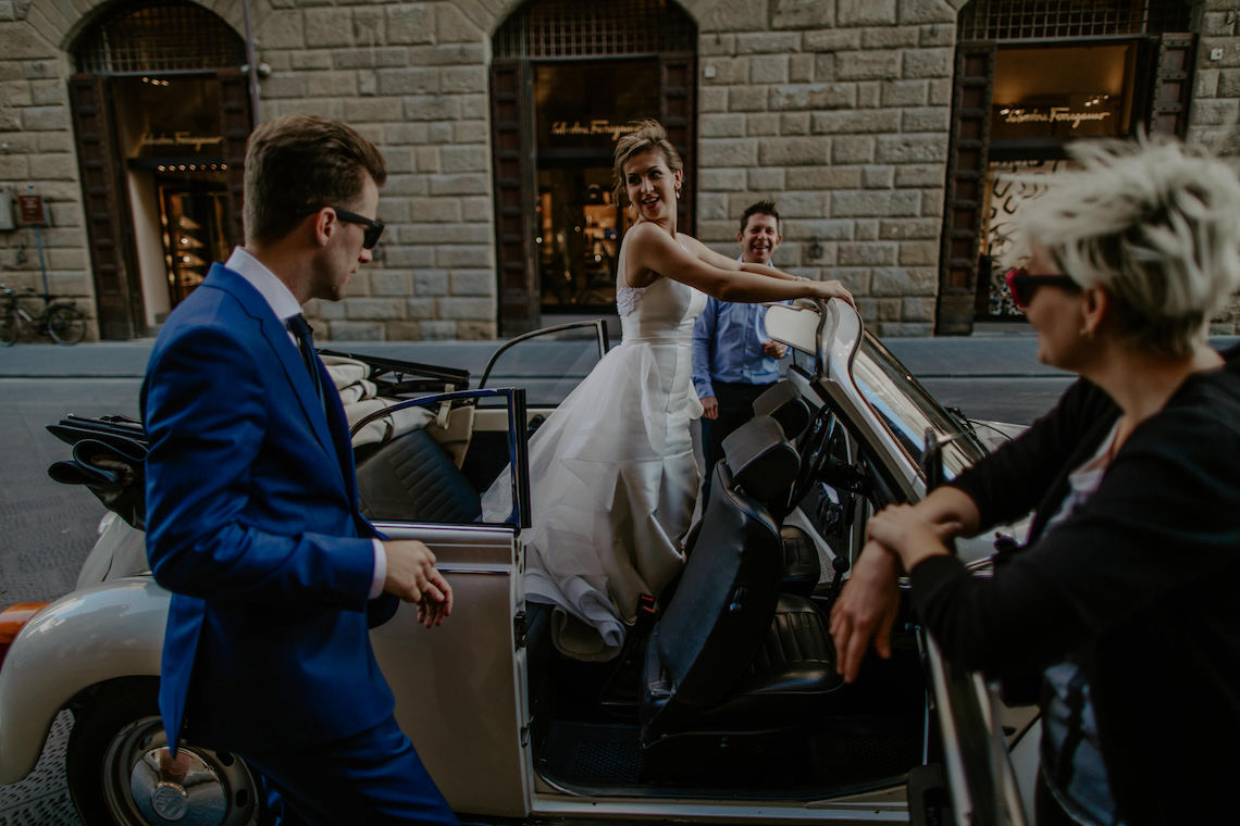 Bride and Groom in VW Beetle Convertible in Italy