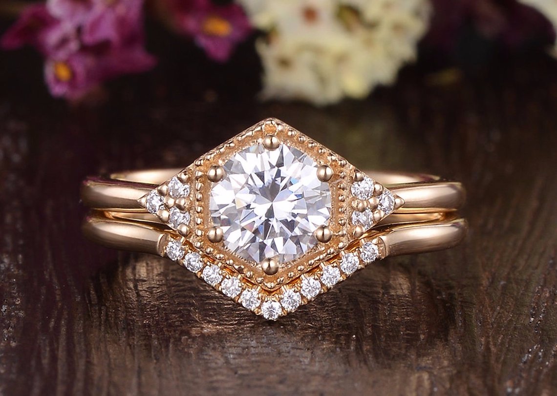 Top 8 Wedding Trends for 2023 – Flawless Moissanite – Bridal Musings – Round cut moissanite trilogy engagement ring, art deco design 5
